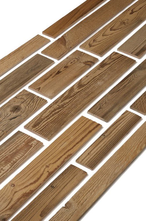 Close-up view of a pack of Amber Weathered Plank Wood Wall Panels showing the texture, colour variation and how they piece together