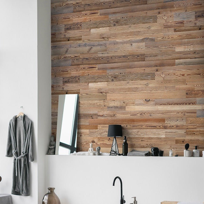 Modern bathroom design incorporating Amber Weathered Plank Wood Wall Panels around the vanity area