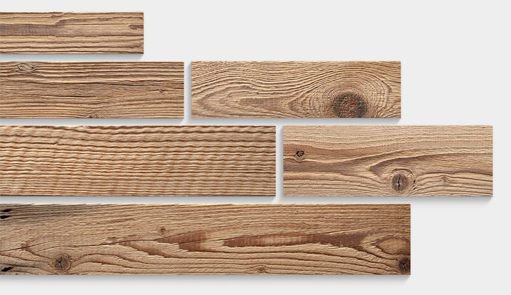 Amber Weathered Plank Wood Wall Panels displayed in a linear arrangement to showcase each plank