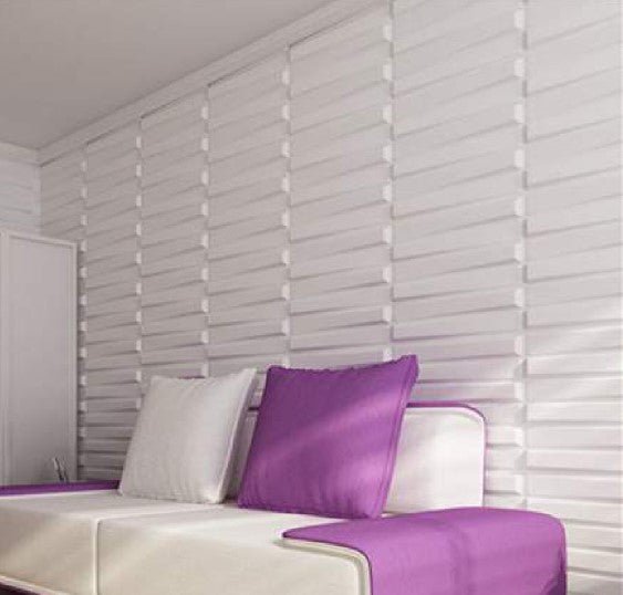 Contemporary bedroom featuring Bars 3D PVC wall panels with a purple accent