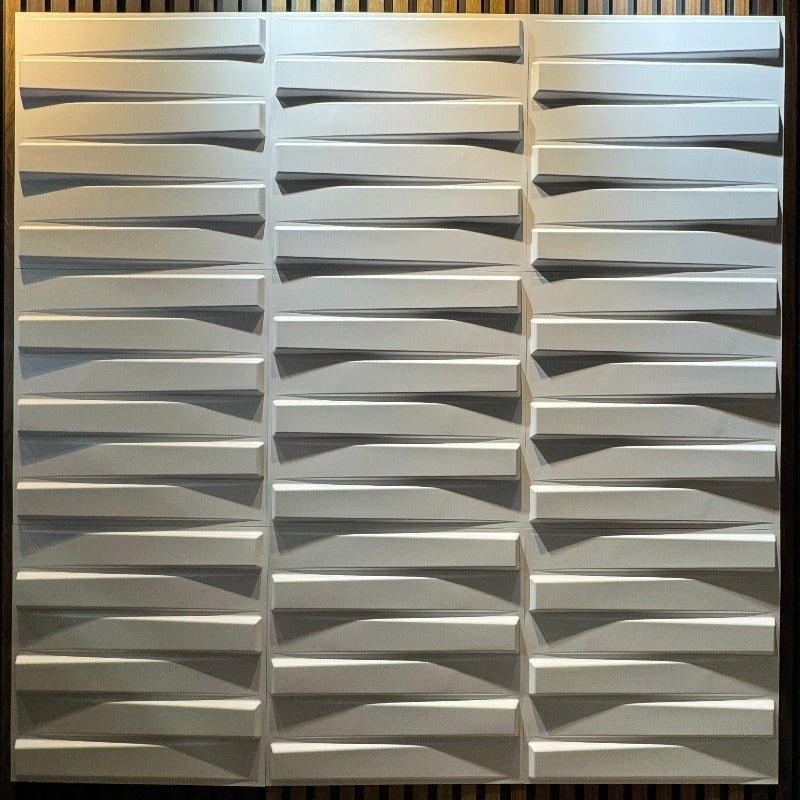 Close-up of the texture on Bars 3D PVC wall panels with sighthound sat in front