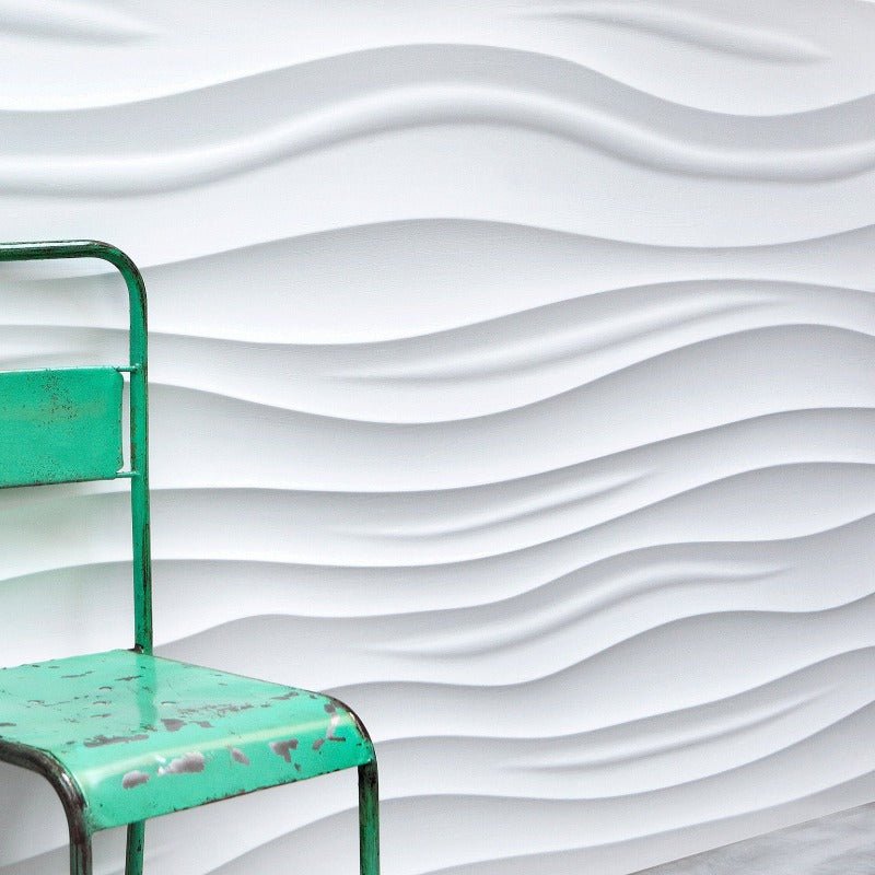 A stylish living space showcasing the Canyon 3D MDF Wall Panel behind a contemporary green chair