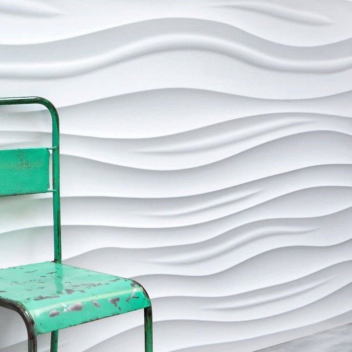 A stylish living space showcasing the Canyon 3D MDF Wall Panel behind a contemporary green chair