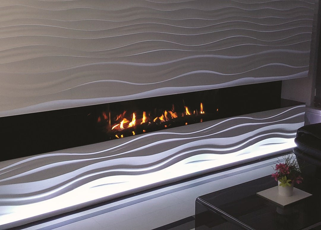 The Canyon 3D MDF Wall Panel enhancing the ambiance around a sleek modern fireplace