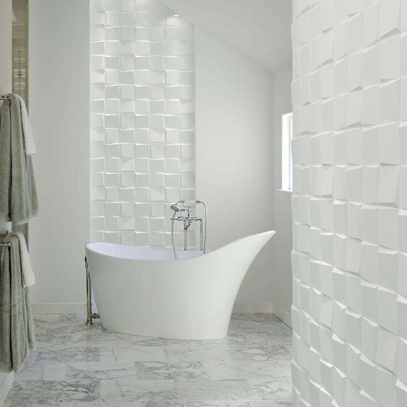Citadel 3D Plaster Wall Panels installed in a bathroom setting with freestanding bathtub