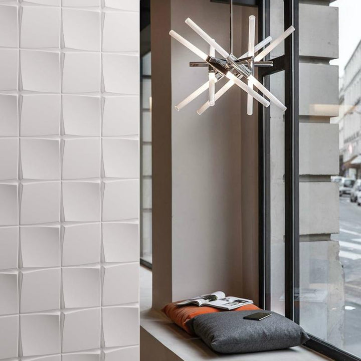 column featuring Cracks 3D plaster panel in front of cosy window seating