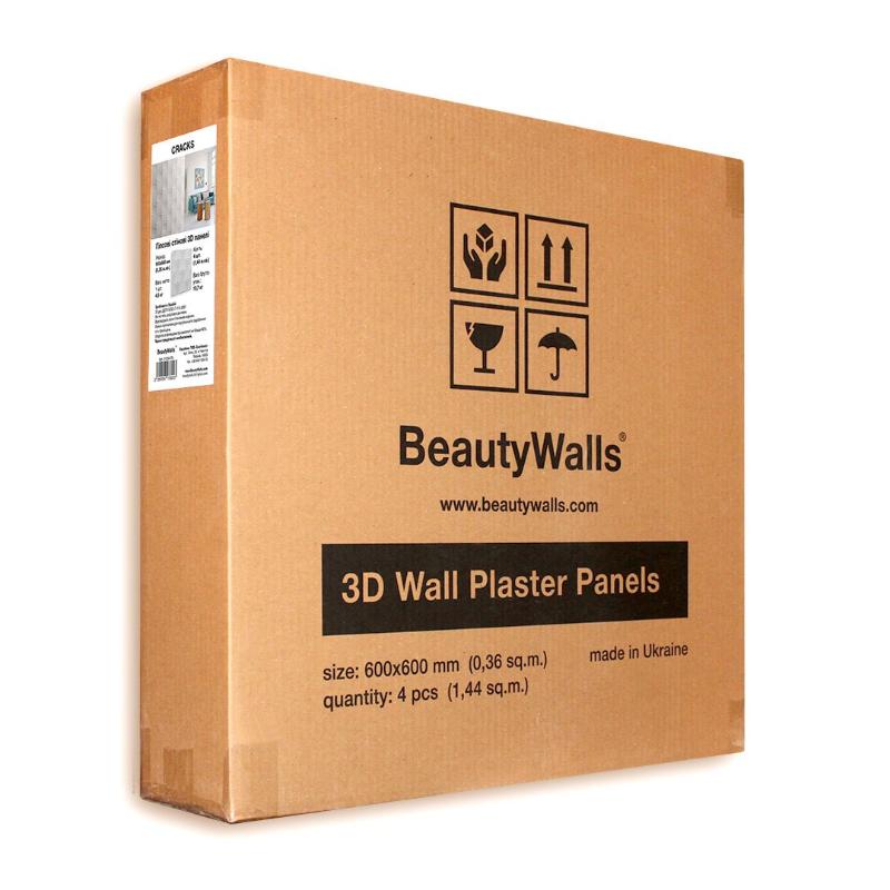 Cracks 3D plaster wall panel demonstrating the packaging box it comes in