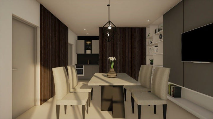 Dark Walnut Slat Wall Eco Panels installed in a contemporary dining room