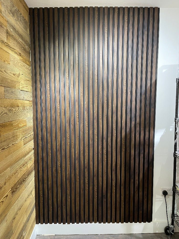 Eco-friendly Dark Walnut Slat Wall Panel affixed to an office room's wall