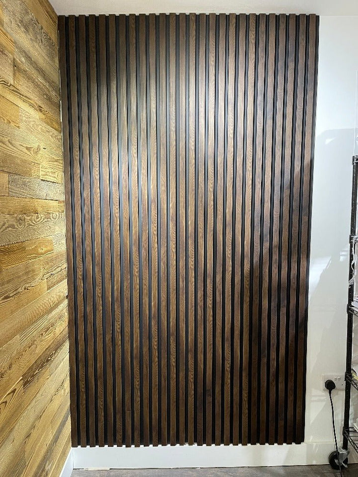 Eco-friendly Dark Walnut Slat Wall Panel affixed to an office room's wall