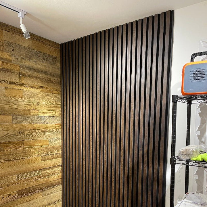 Stylish room enhanced with Dark Walnut Slat Wall Eco Panels and complementary shelving