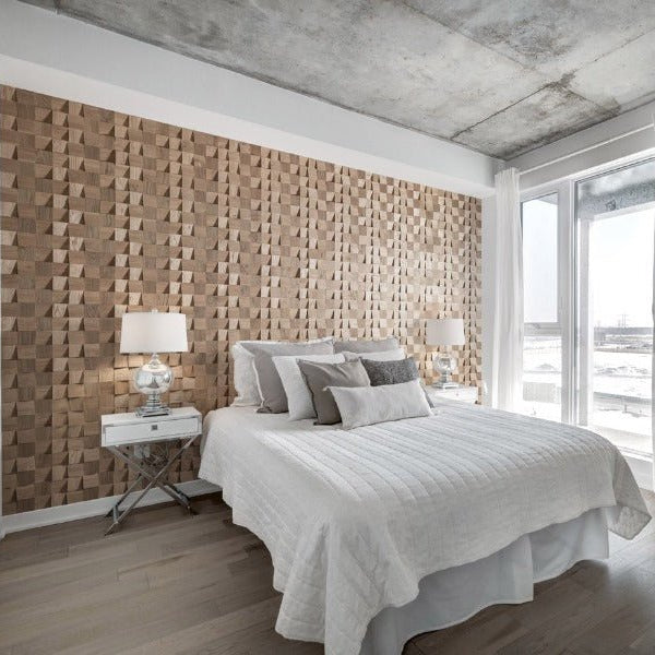 Close-up view of Domi Wall Panels 1Sqm with square pattern design in a stylish bedroom setting