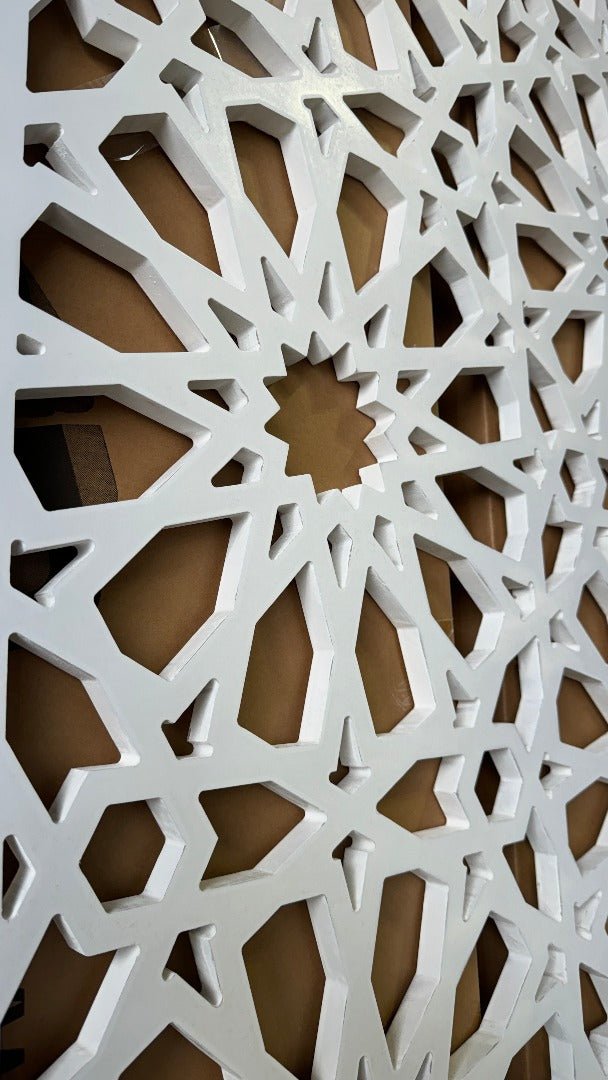 Close-up of the Dubai inspired geometric pattern on an East MDF Fretwork Grill Panel