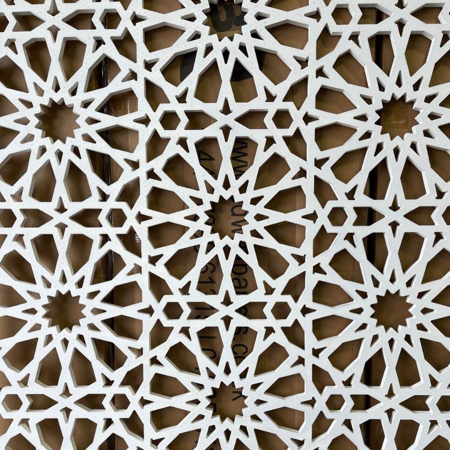 Detailed view of an East MDF Fretwork Grill Panel with elaborate middle eastern style cut-out designs