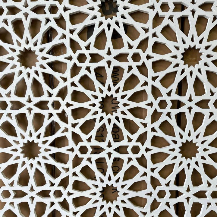 Detailed view of an East MDF Fretwork Grill Panel with elaborate middle eastern style cut-out designs