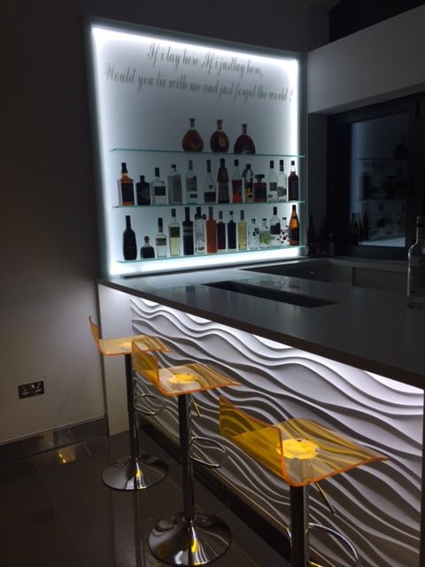 Jet Stream 3D MDF Wall Panel installed behind a bar with stools