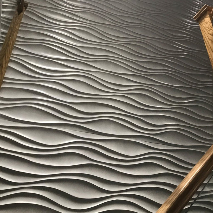 Staircase adorned with Jet Stream 3D MDF Wall Panels with a metallic wave finish