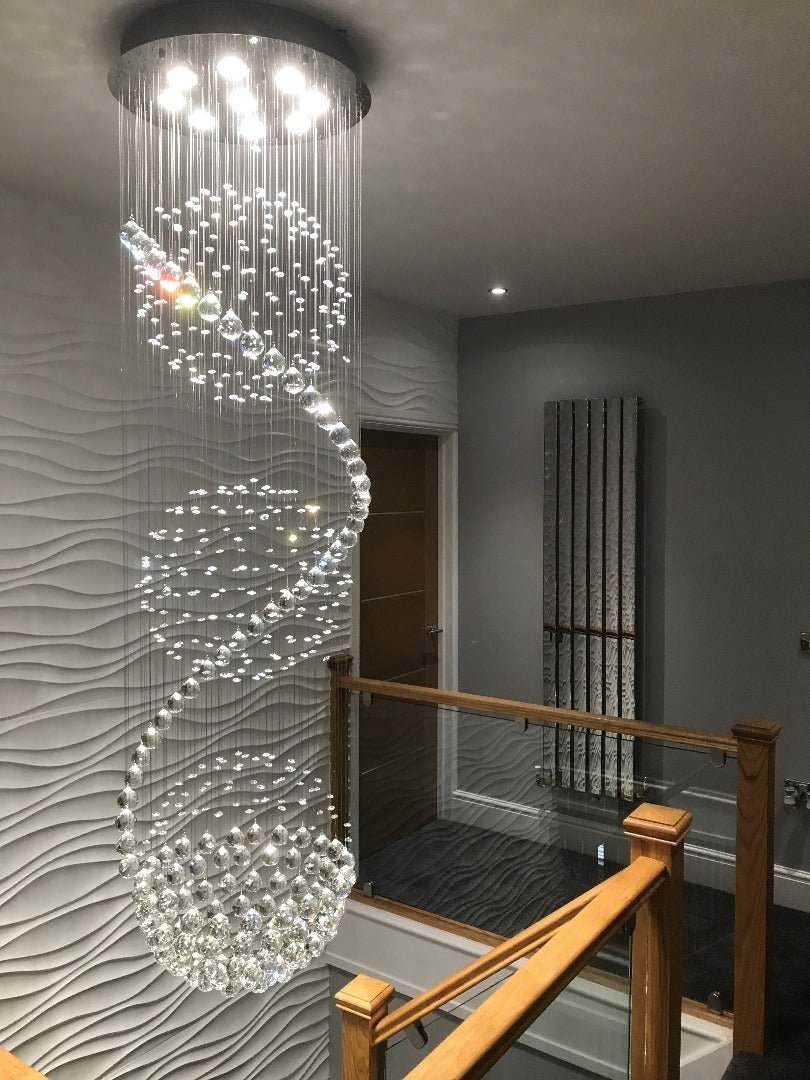 Modern home interior showcasing a large chandelier and Jet Stream 3D MDF Wall Panels