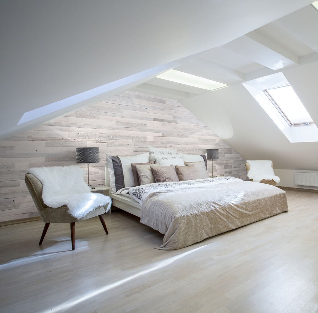 Serene light and airy bedroom design incorporating Marsk Whitewashed Wood Wall Panels