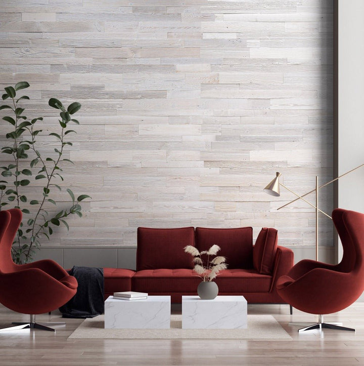 Contemporary living room featuring Marsk Whitewashed Plank Wood Wall Panels