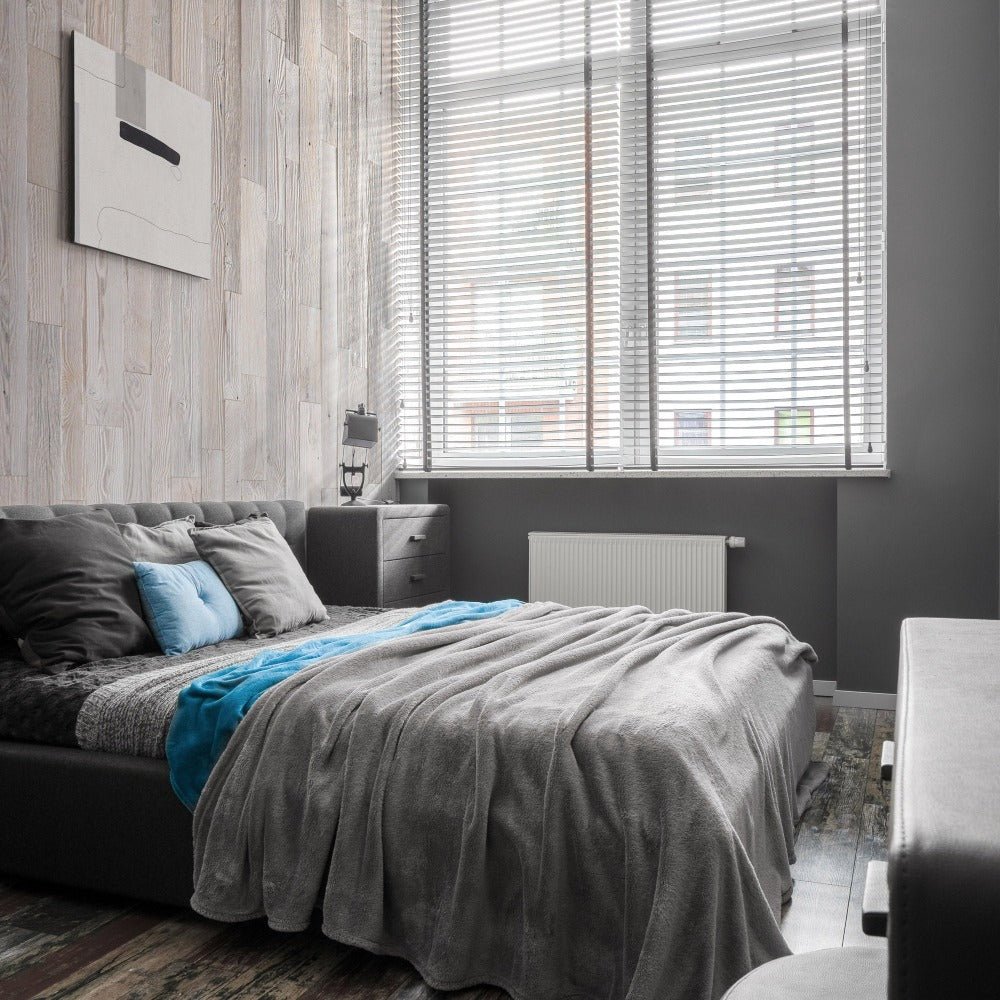Marsk Whitewashed Plank Wood Wall Panels showcased in a stylish bedroom