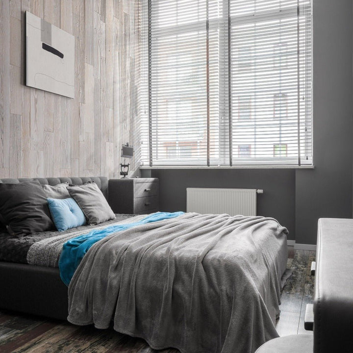 Marsk Whitewashed Plank Wood Wall Panels showcased in a stylish bedroom