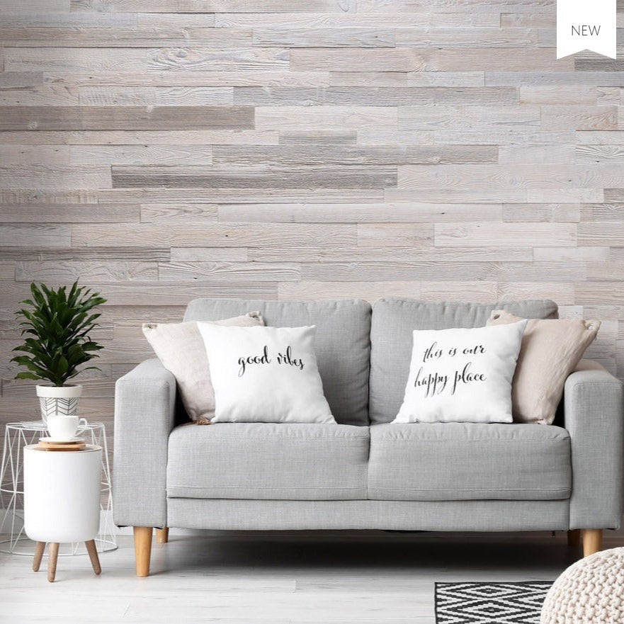 Detail of Marsk Whitewashed Plank Wood Wall Panel as wall decor