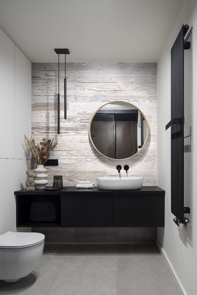Elegant bathroom accented with Marsk Whitewashed Plank Wood Wall Panels