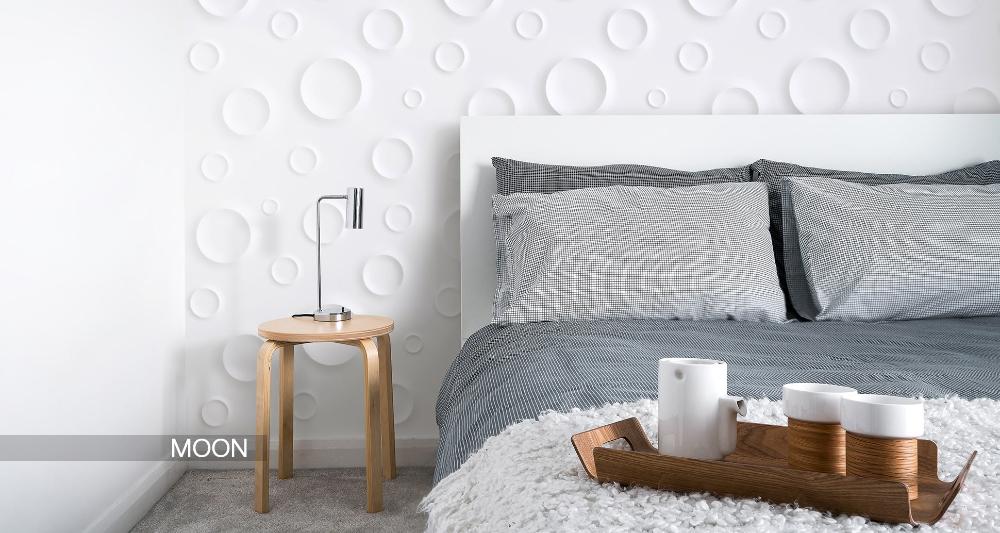 Bedroom interior highlighting Moon 3D Plaster Wall Panels as a headboard backdrop