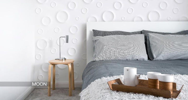 Bedroom interior highlighting Moon 3D Plaster Wall Panels as a headboard backdrop