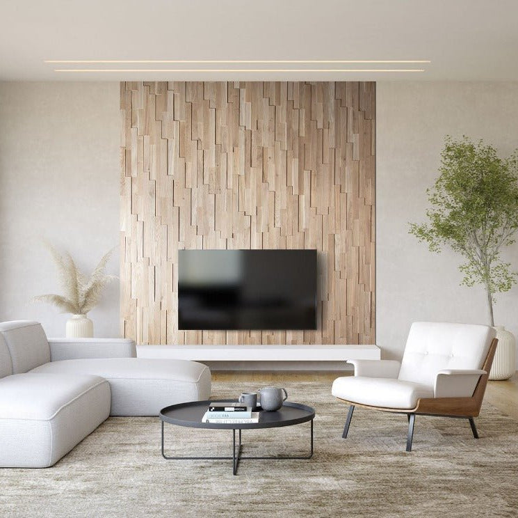 Chic living space with Oak Slat Wall Panels complementing white decor