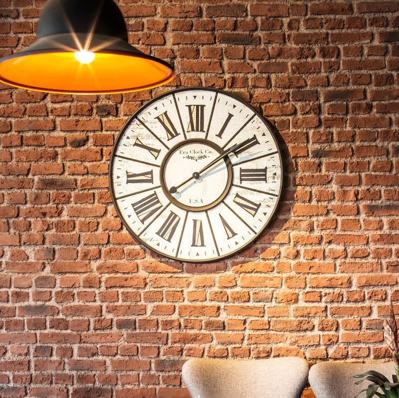 Rustic London Red Brick fibreglass panel with a feature wall clock in a modern dining space