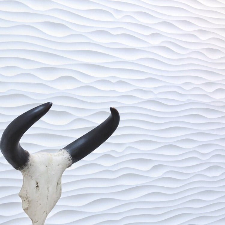 Sand Ripple 3D MDF Wall Panel showcasing a cow skull ornament against the textured surface