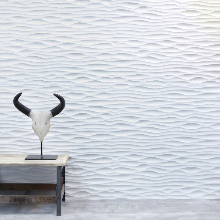 Detail of Sand Ripple 3D MDF Wall Panel with a decorative cow skull