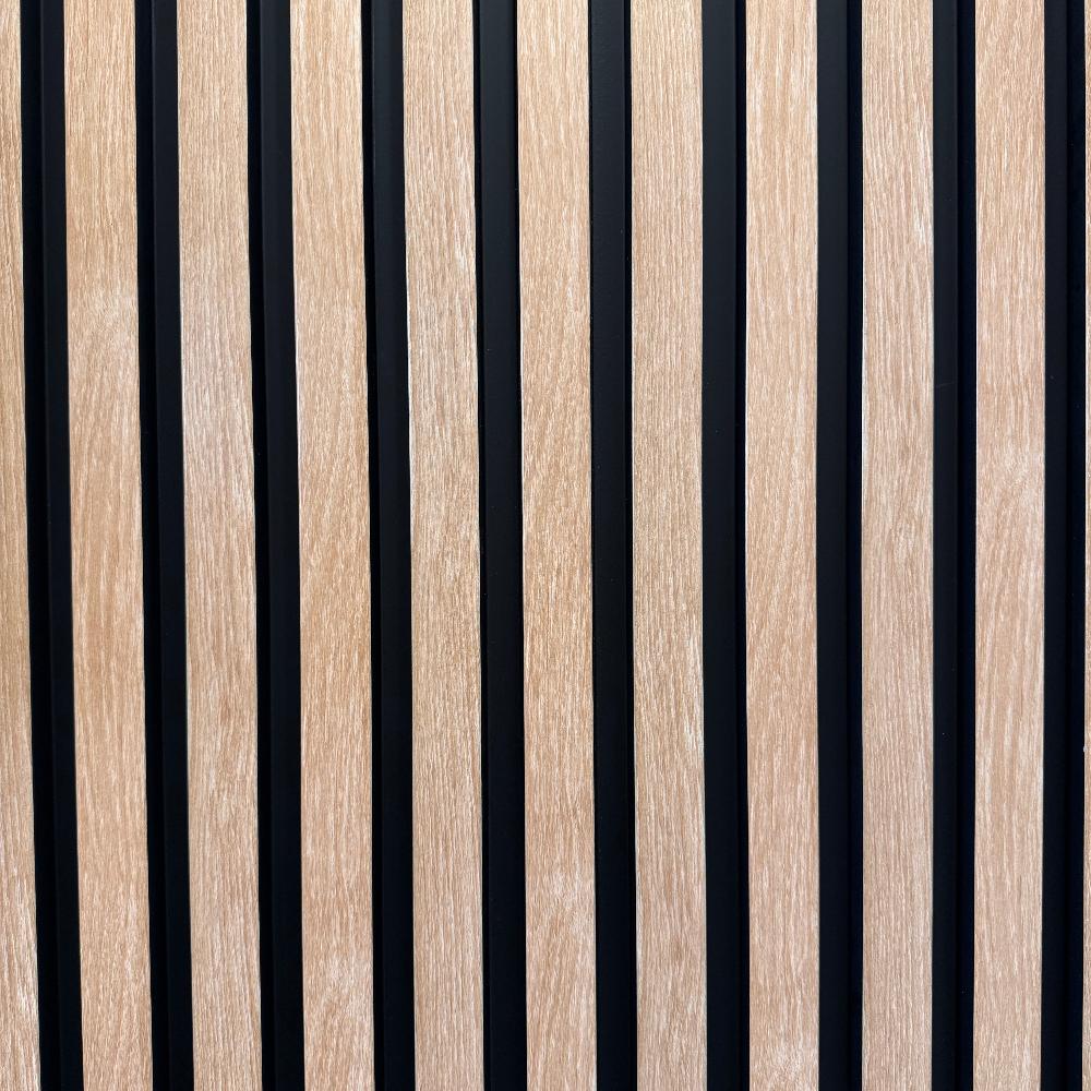 American Beech Slat Wall Eco Panel featuring contrasting black and wood design elements