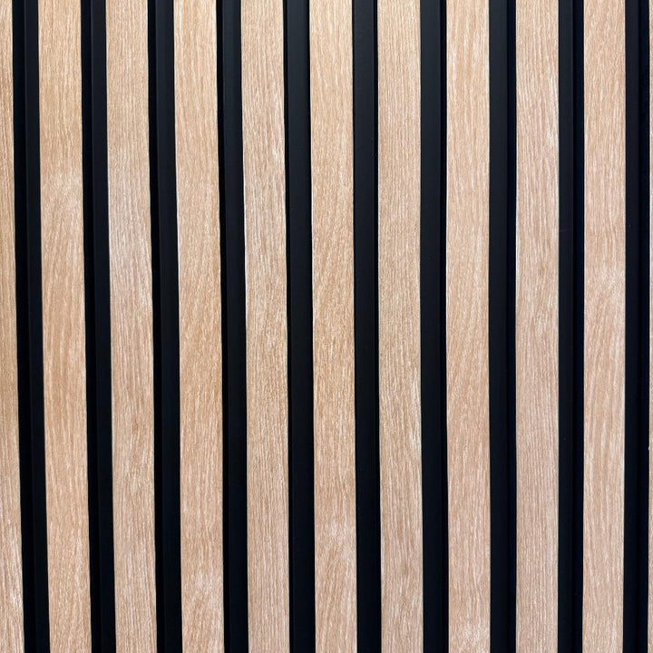 American Beech Slat Wall Eco Panel featuring contrasting black and wood design elements