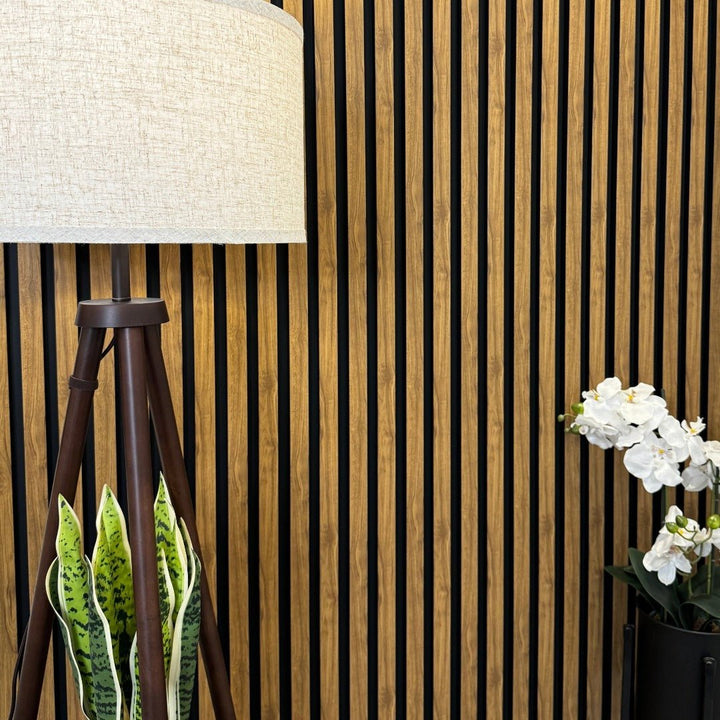 Eco-friendly wooden floor lamp against English Oak Slat Wall Eco Panels