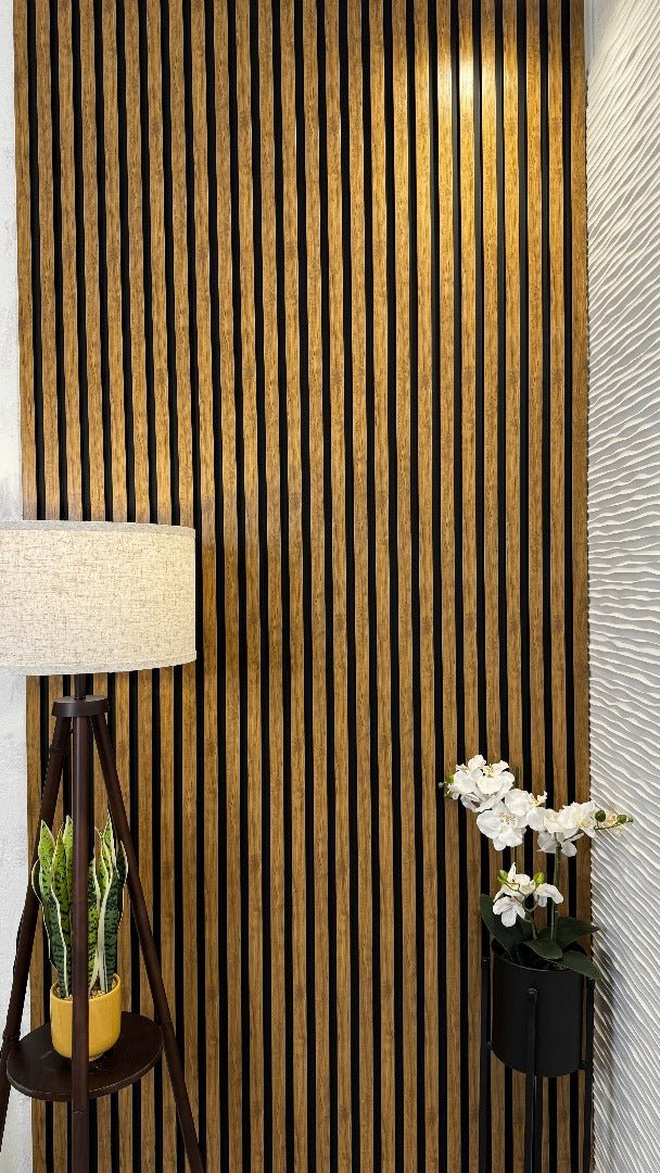 Interior room featuring English Oak Slat Wall Eco Panels with striped pattern and a lamp