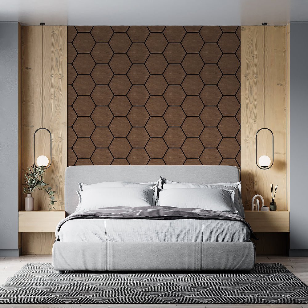 Modern bedroom featuring Dark Walnut Hex Acoustic Wall Panels for soundproofing