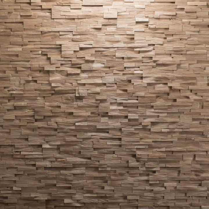 Textured Hiller Oak Wood Wall Panels arranged in a unique pattern