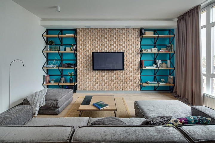 Jukka Wall Panel 1 Sqm installed in a living room with blue shelves