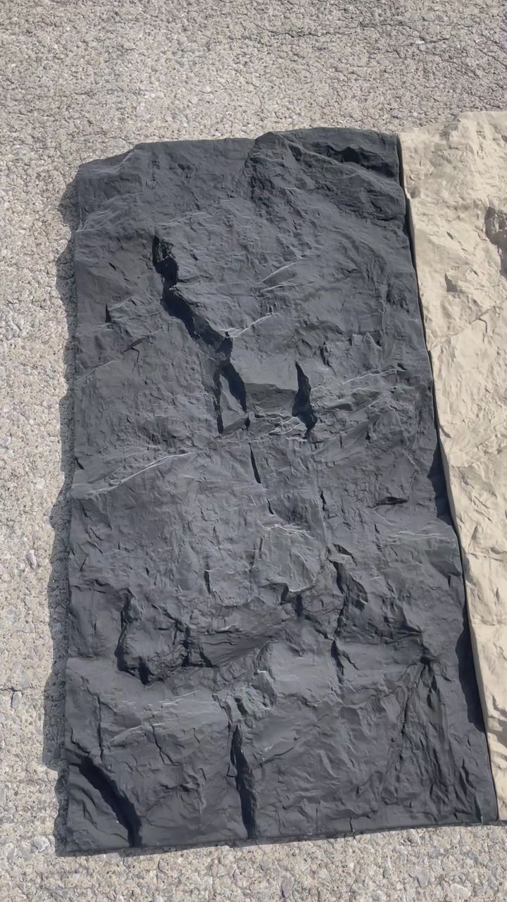 various colours of Natural Rock PU wall panel showing full panel size 1200x600mm