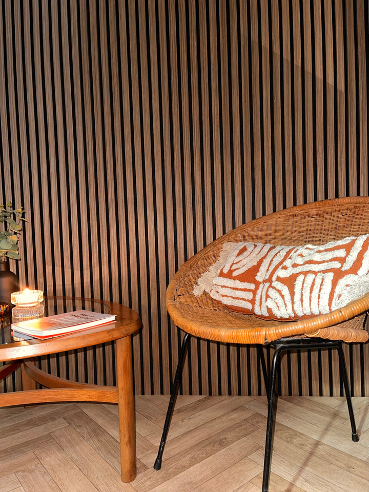 Walnut Acoustic Slatwall Panel – Real Wood Veneer (2400 x 600 mm) - The 3D Wall Panel Company
